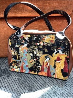 Hand Crafted Black Shoulder Bag with Multicolor Geisha Print and Brown Trim